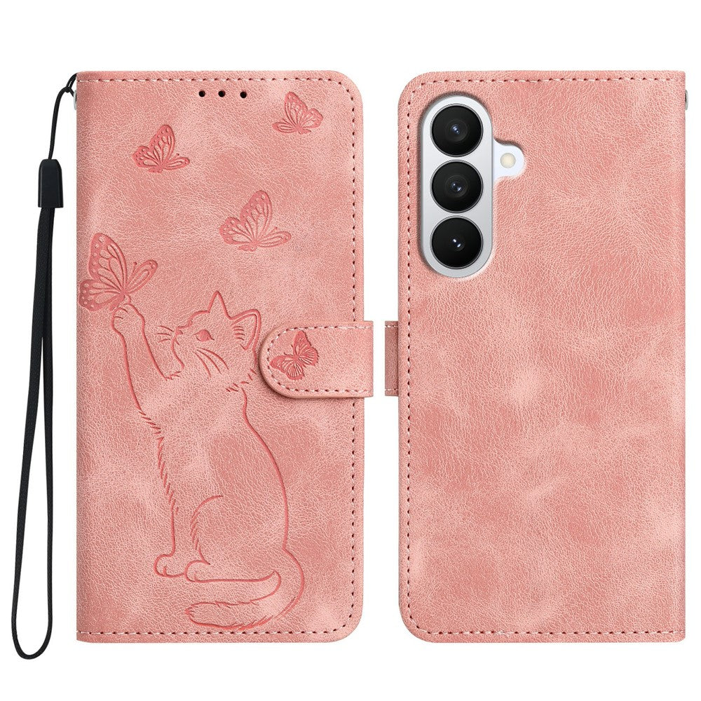 Til Samsung Galaxy S26+ Wallet Cover med trykt katte- og sommerfuglemønster i læder, telefoncover med håndledsrem