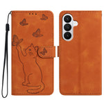 Til Samsung Galaxy S26+ Wallet Cover med trykt katte- og sommerfuglemønster i læder, telefoncover med håndledsrem