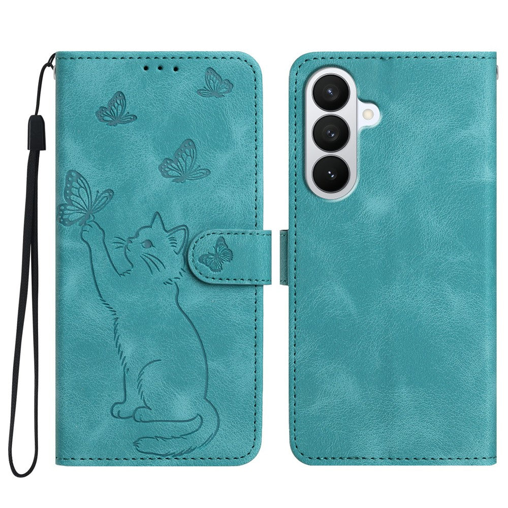 Til Samsung Galaxy S26+ Wallet Cover med trykt katte- og sommerfuglemønster i læder, telefoncover med håndledsrem