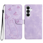 Til Samsung Galaxy S26+ Wallet Cover med trykt katte- og sommerfuglemønster i læder, telefoncover med håndledsrem