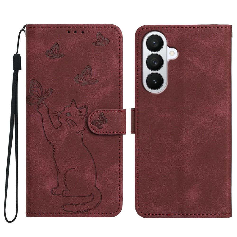 Til Samsung Galaxy S26+ Wallet Cover med trykt katte- og sommerfuglemønster i læder, telefoncover med håndledsrem
