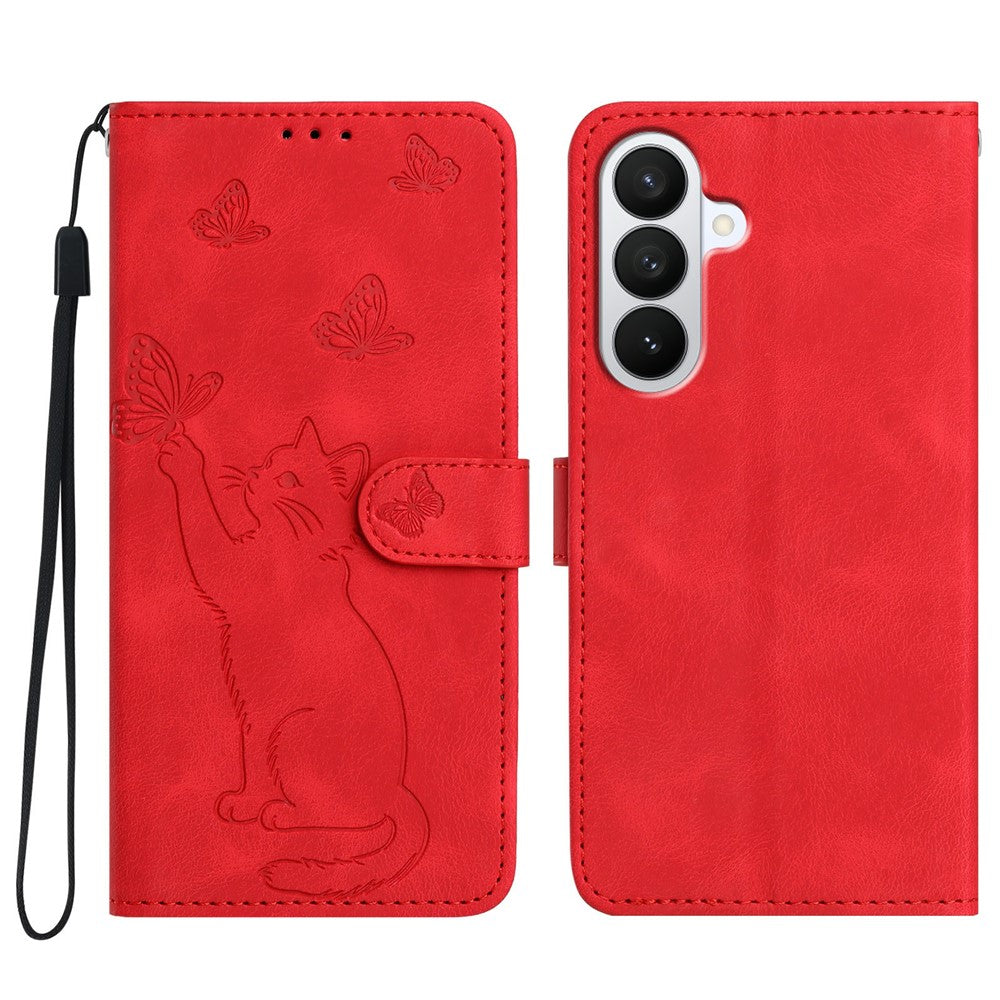 For Samsung Galaxy S26 FE Wallet Case Imprinted Cat Butterfly Leather Phone Cover with Wrist Strap