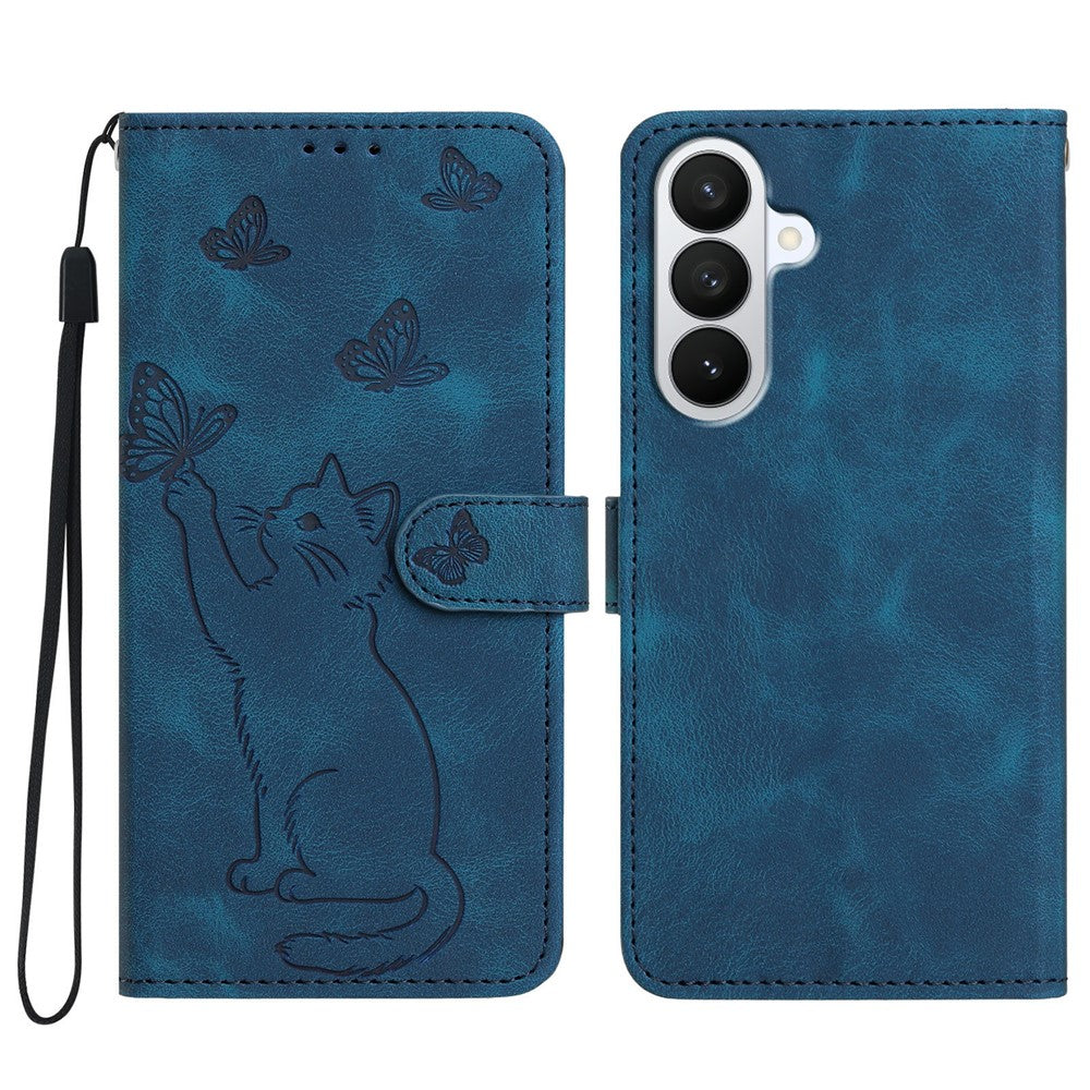 For Samsung Galaxy S26 FE Wallet Case Imprinted Cat Butterfly Leather Phone Cover with Wrist Strap