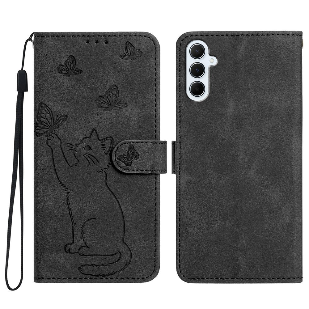 Til Samsung Galaxy A37 5G Pung Etui Med Præget Kat Sommerfugl Læder Telefoncover Med Håndledsrem