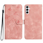 Til Samsung Galaxy A37 5G Pung Etui Med Præget Kat Sommerfugl Læder Telefoncover Med Håndledsrem