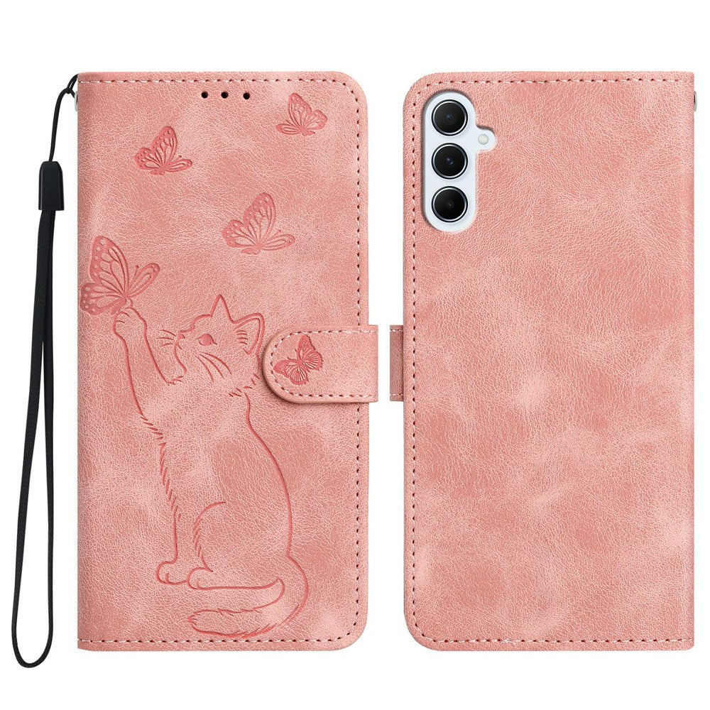 Til Samsung Galaxy A37 5G Pung Etui Med Præget Kat Sommerfugl Læder Telefoncover Med Håndledsrem