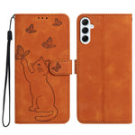 Til Samsung Galaxy A37 5G Pung Etui Med Præget Kat Sommerfugl Læder Telefoncover Med Håndledsrem