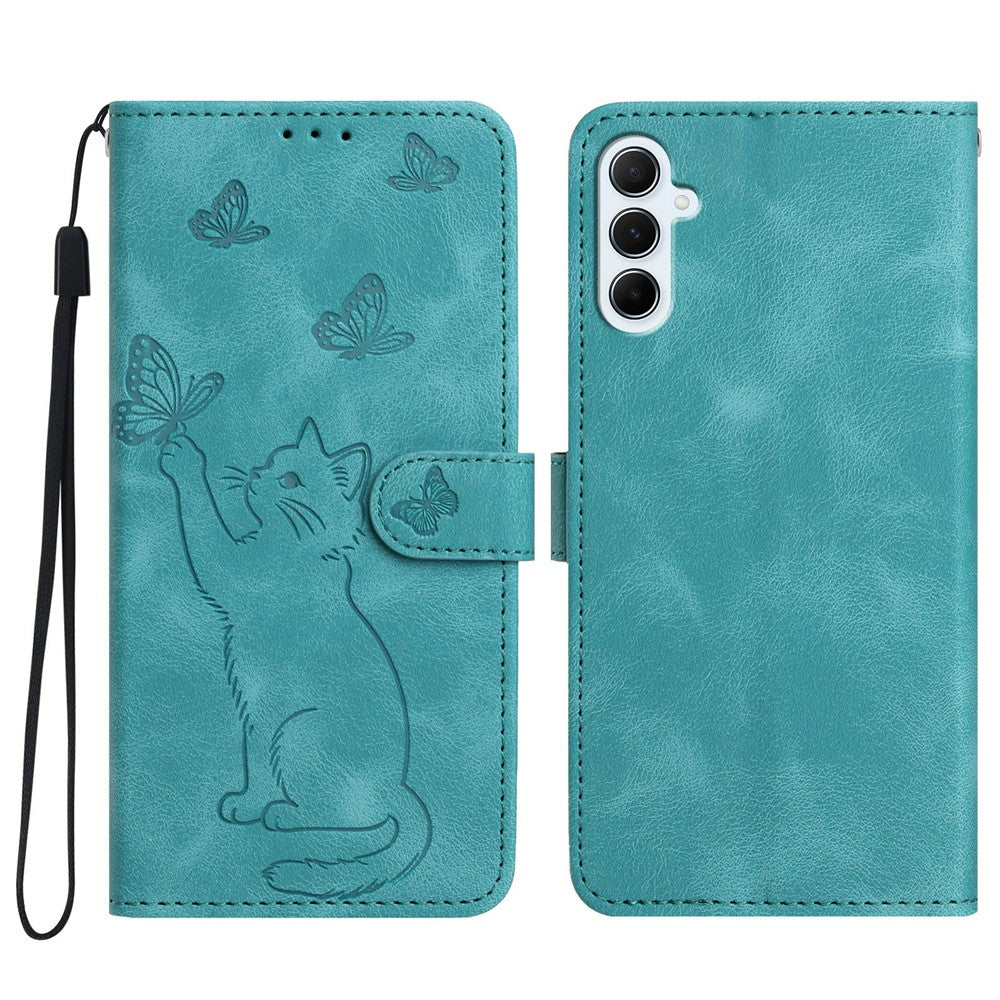 Til Samsung Galaxy A37 5G Pung Etui Med Præget Kat Sommerfugl Læder Telefoncover Med Håndledsrem