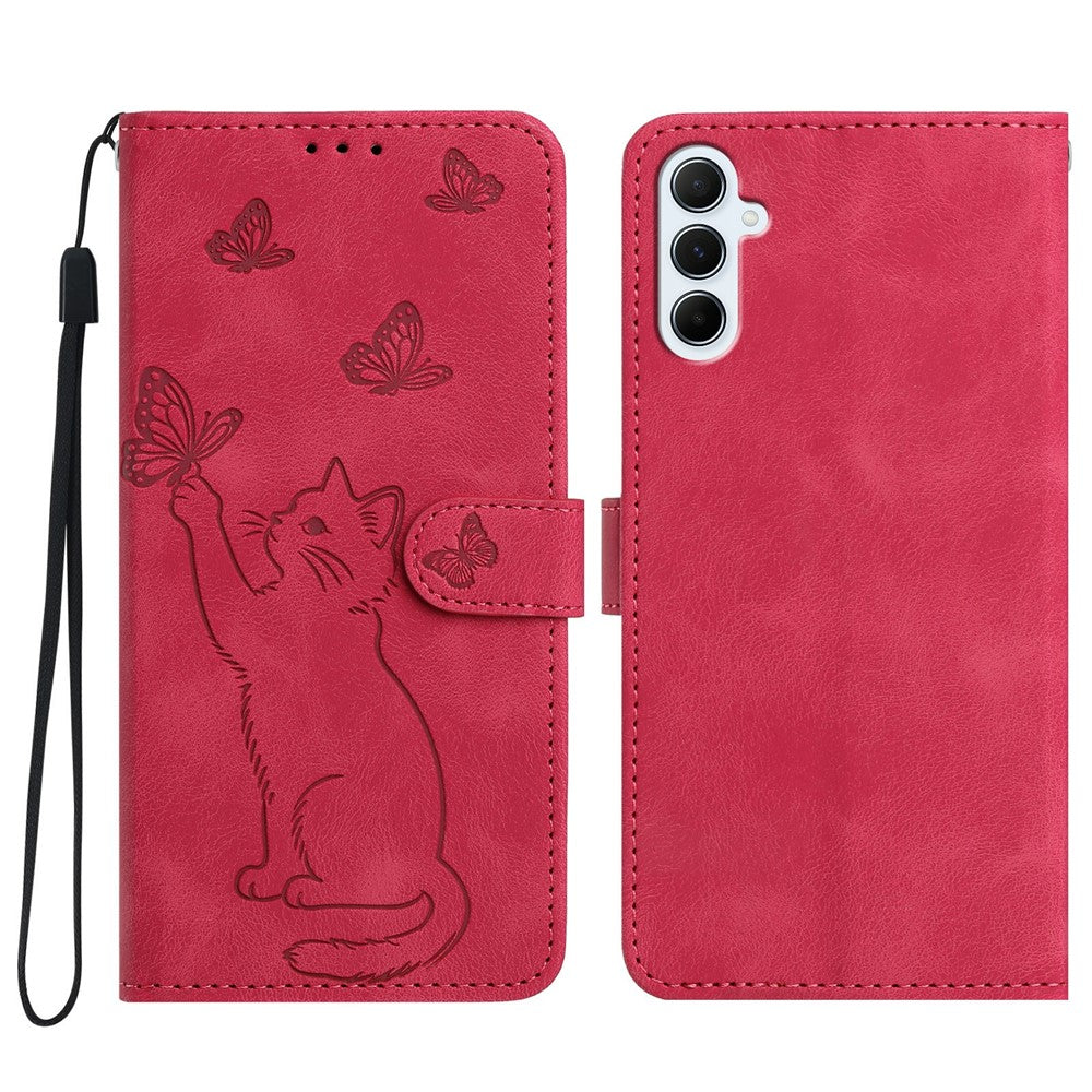 Til Samsung Galaxy A37 5G Pung Etui Med Præget Kat Sommerfugl Læder Telefoncover Med Håndledsrem