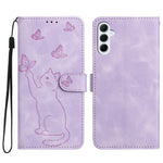 Til Samsung Galaxy A37 5G Pung Etui Med Præget Kat Sommerfugl Læder Telefoncover Med Håndledsrem