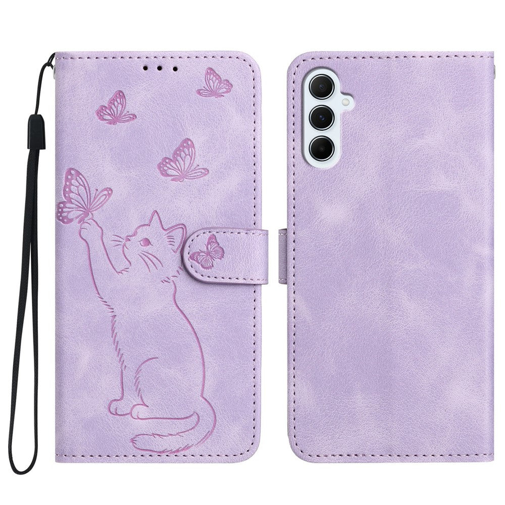 Til Samsung Galaxy A37 5G Pung Etui Med Præget Kat Sommerfugl Læder Telefoncover Med Håndledsrem