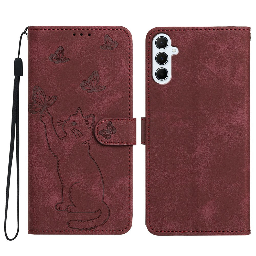 Til Samsung Galaxy A37 5G Pung Etui Med Præget Kat Sommerfugl Læder Telefoncover Med Håndledsrem