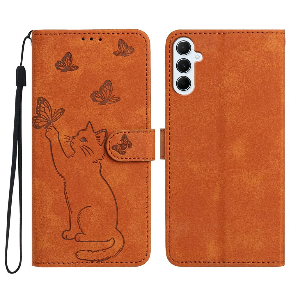 For Samsung Galaxy A56 5G Wallet Case Imprinted Cat Butterfly Leather Phone Cover with Wrist Strap