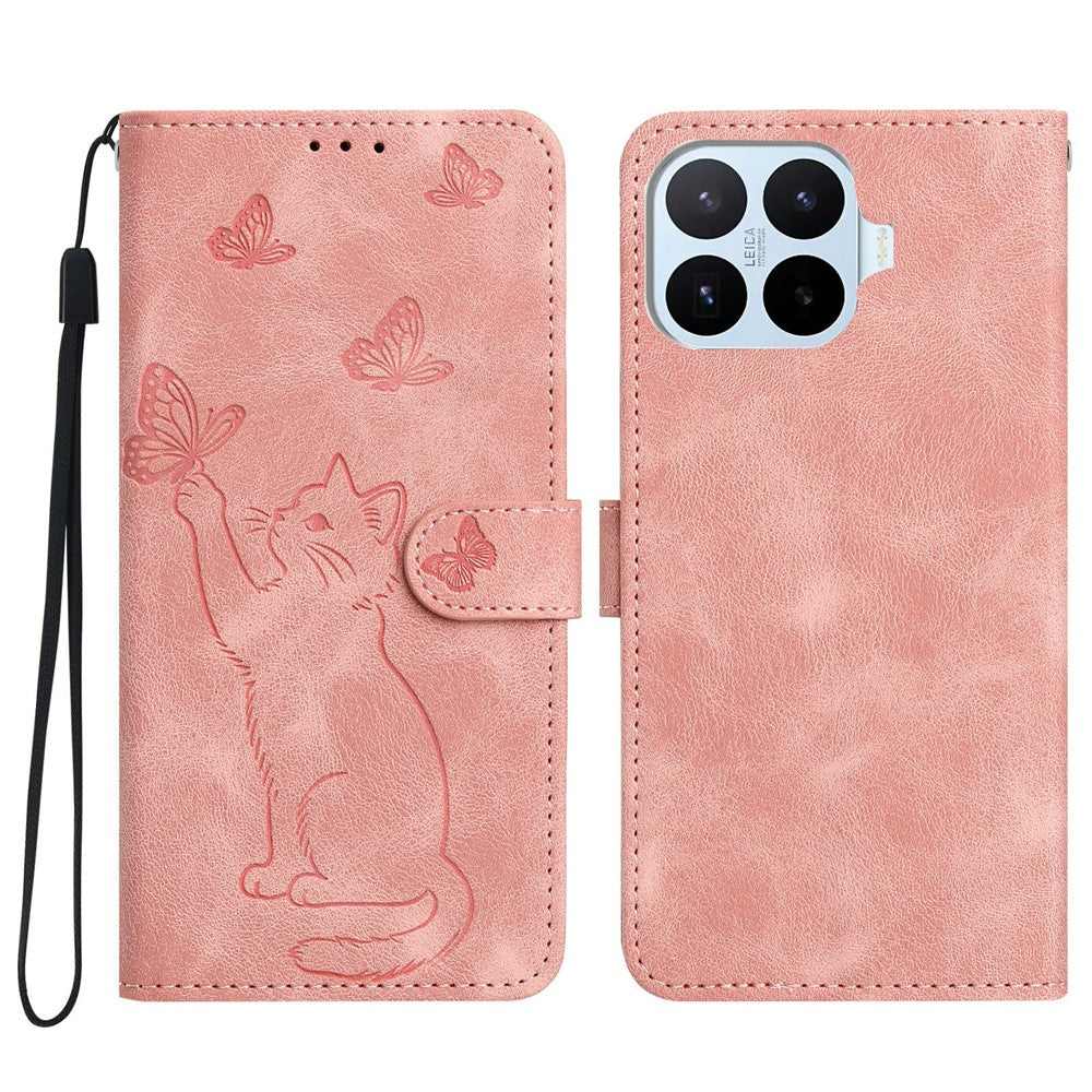 For Xiaomi 17T Wallet Case Imprinted Cat Butterfly Leather Phone Cover with Wrist Strap
