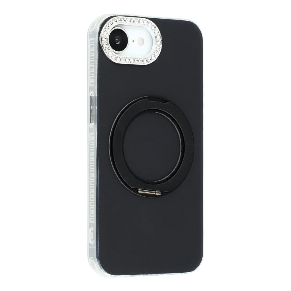 Til iPhone 17e / 16e cover Roterende støtteben PC + TPU IMD beskyttelsescover med rhinsten kamera ramme
