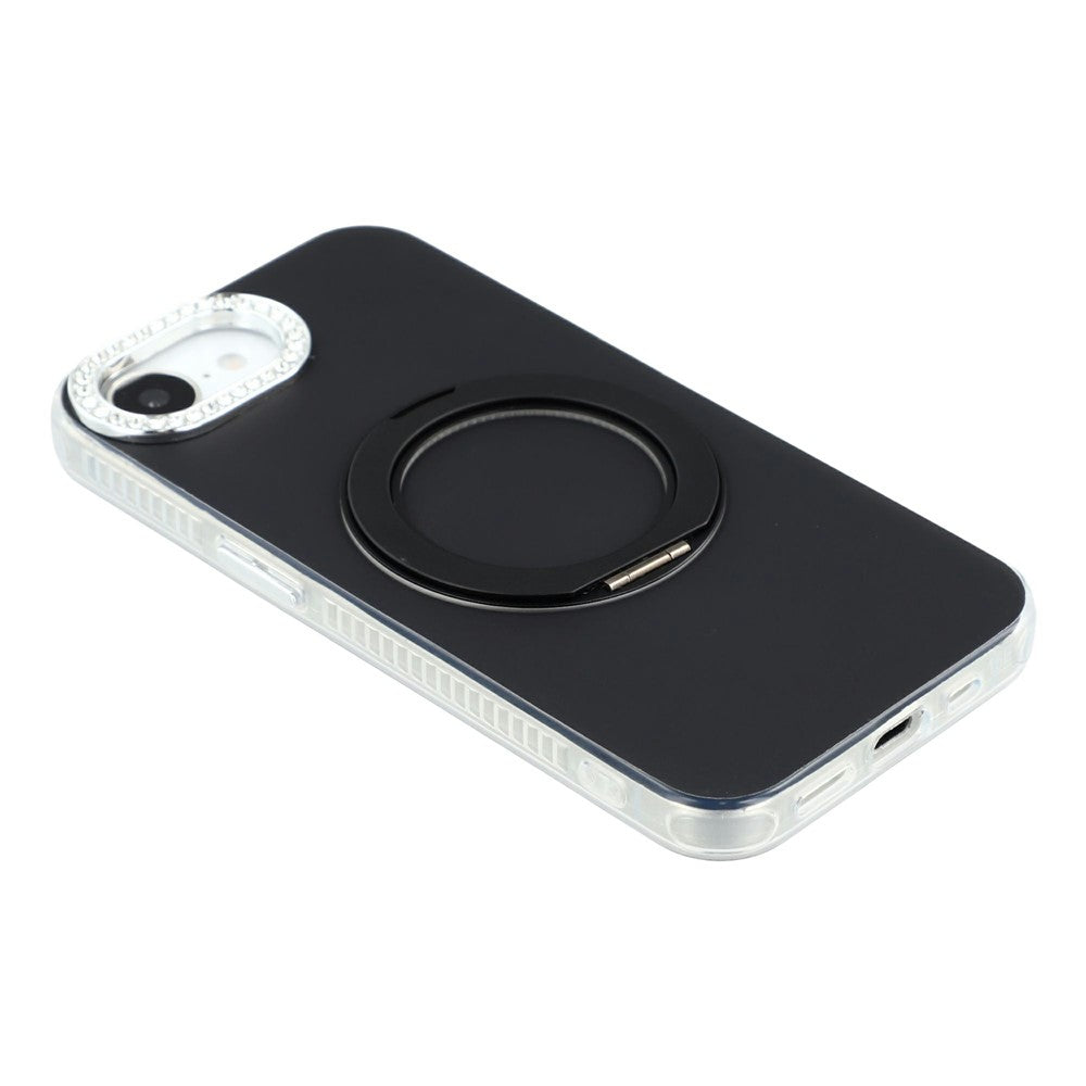 For iPhone 17th / 16th Case Rotating Kickstand PC + TPU IMD Protective Cover with Rhinestones Camera Frame