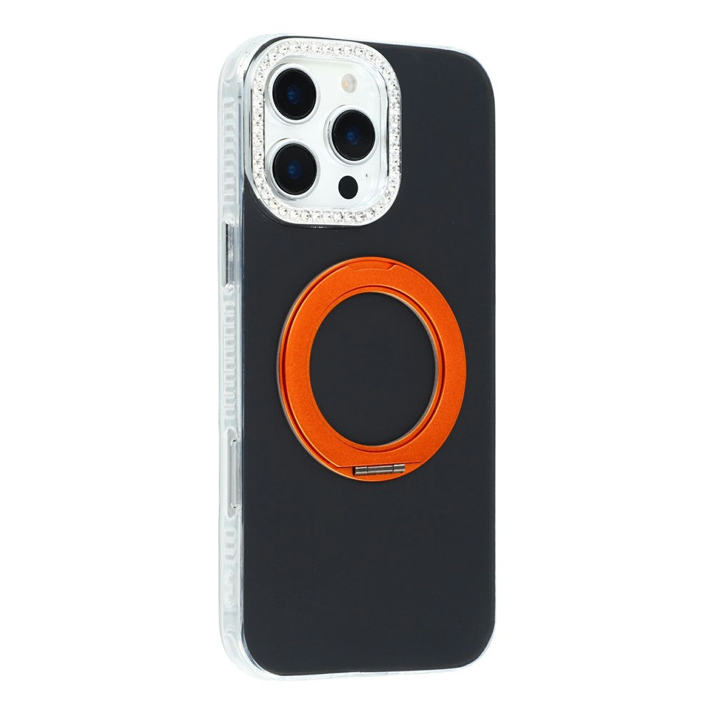 For iPhone 16 Pro Max Case Rotating Kickstand PC + TPU IMD Protective Cover with Rhinestones Camera Frame