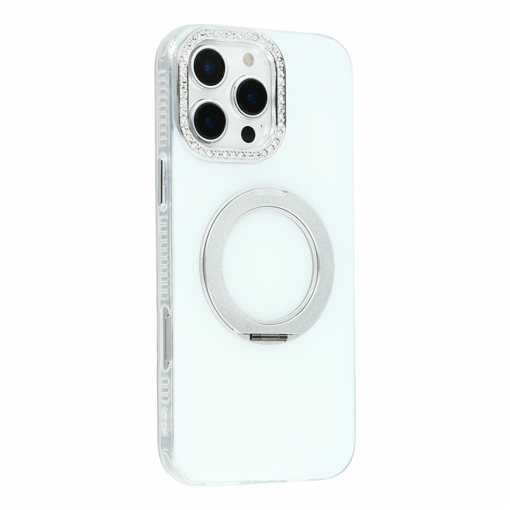 For iPhone 16 Pro Max Case Rotating Kickstand PC + TPU IMD Protective Cover with Rhinestones Camera Frame