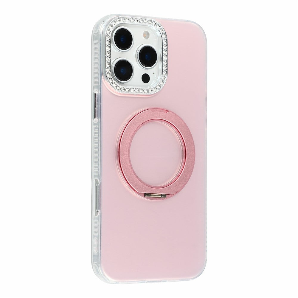 For iPhone 16 Pro Max Case Rotating Kickstand PC + TPU IMD Protective Cover with Rhinestones Camera Frame