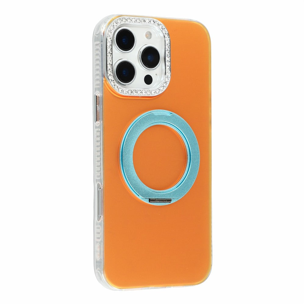 For iPhone 16 Pro Max Case Rotating Kickstand PC + TPU IMD Protective Cover with Rhinestones Camera Frame