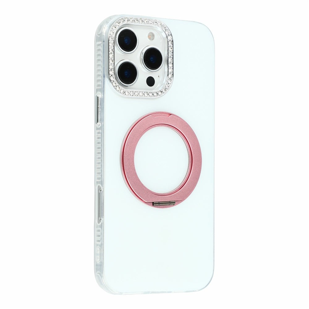 iPhone 16 Pro-skal, roterande stöd, PC + TPU IMD-skyddsskal med strass-kameraram