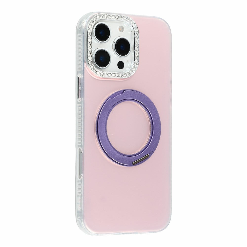 For iPhone 16 Pro Case Rotating Kickstand PC + TPU IMD Protective Cover with Rhinestones Camera Frame