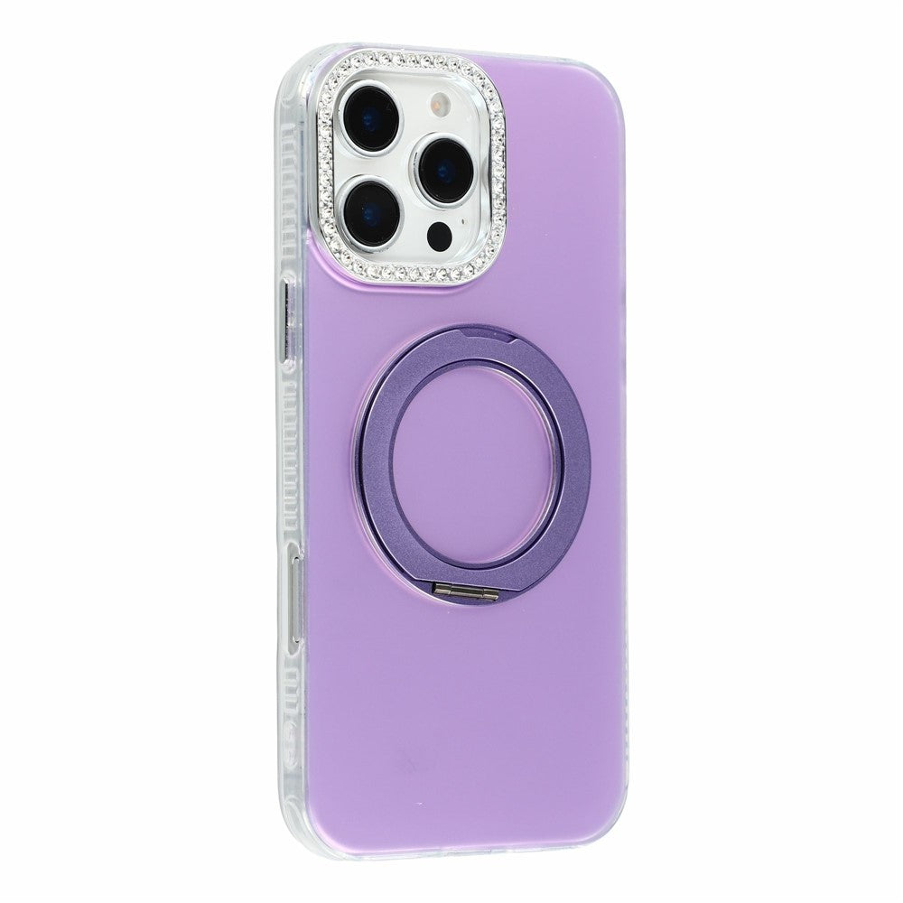 For iPhone 16 Pro Case Rotating Kickstand PC + TPU IMD Protective Cover with Rhinestones Camera Frame