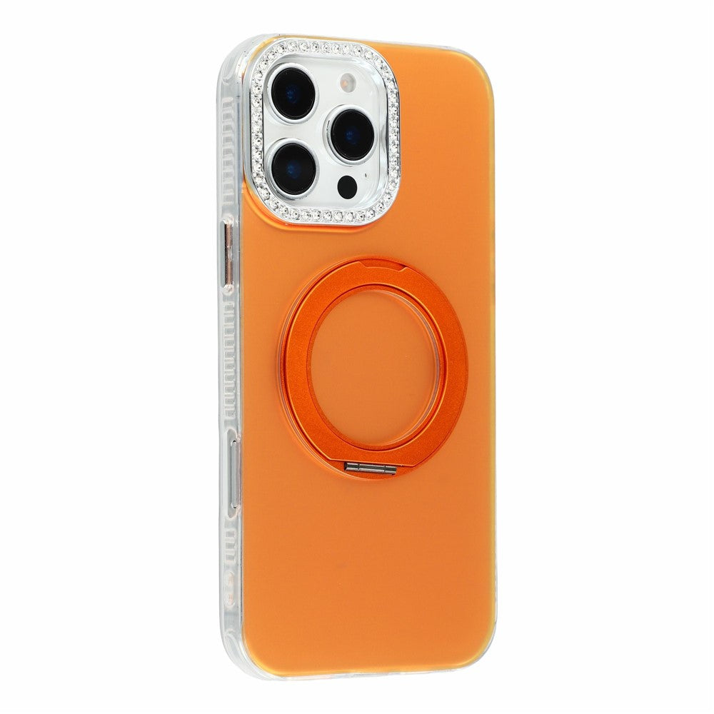 For iPhone 16 Pro Case Rotating Kickstand PC + TPU IMD Protective Cover with Rhinestones Camera Frame