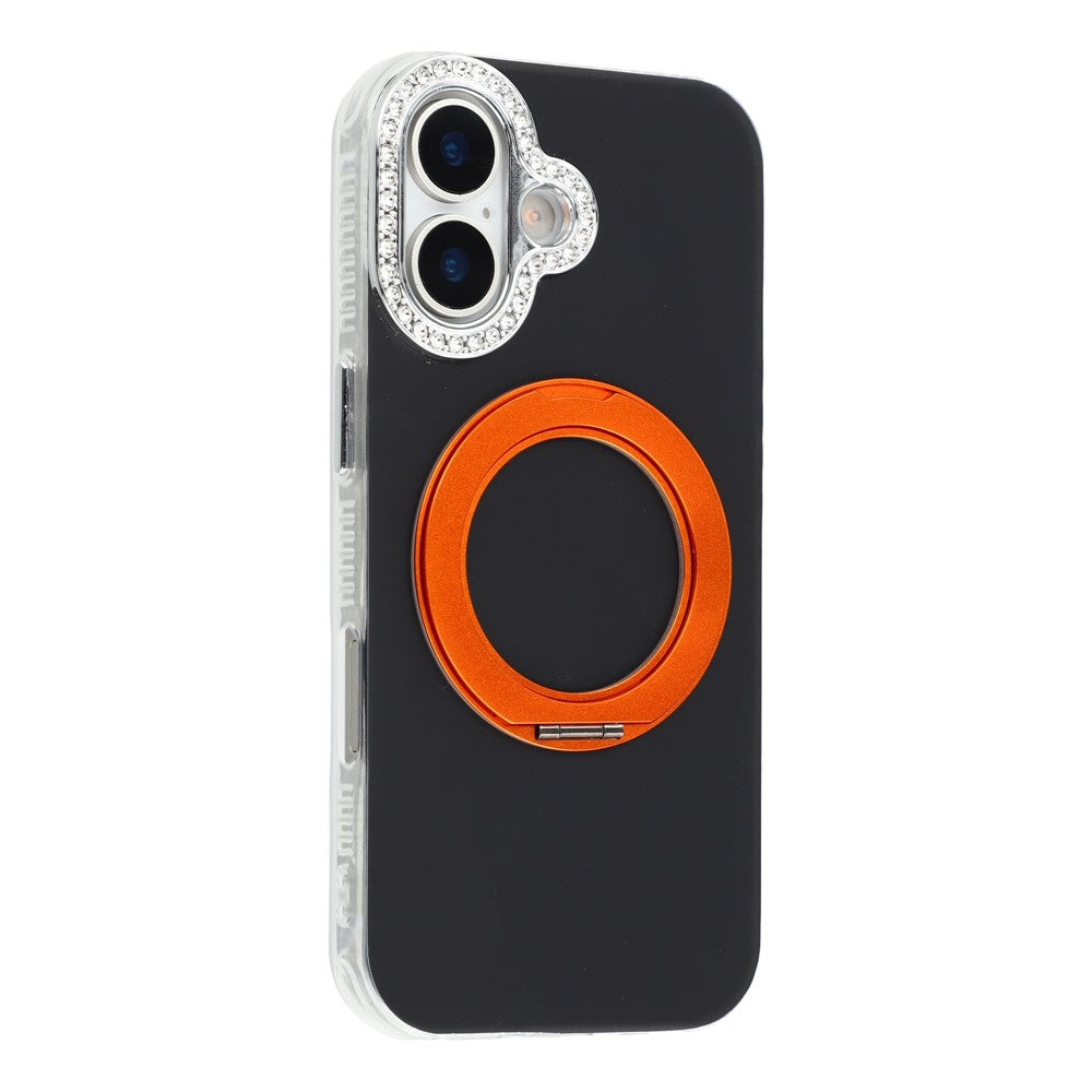 For iPhone 16 Plus Case Rotating Kickstand PC + TPU IMD Protective Cover with Rhinestones Camera Frame
