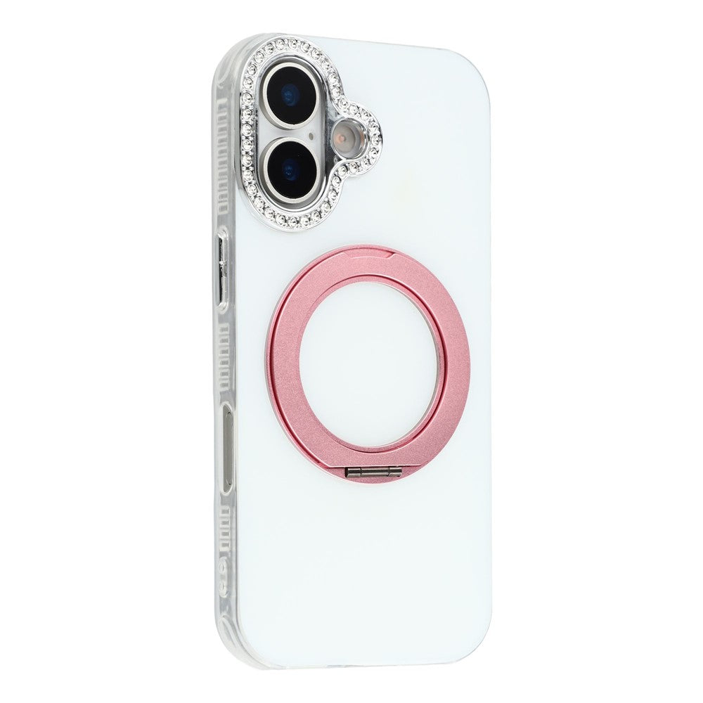 For iPhone 16 Plus Case Rotating Kickstand PC + TPU IMD Protective Cover with Rhinestones Camera Frame