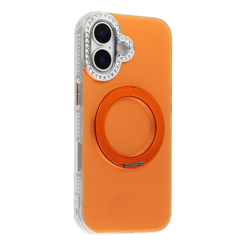 Til iPhone 16 Plus Cover Drejelig Stander PC + TPU IMD Beskyttelsescover med Rhinestones Kameraramme