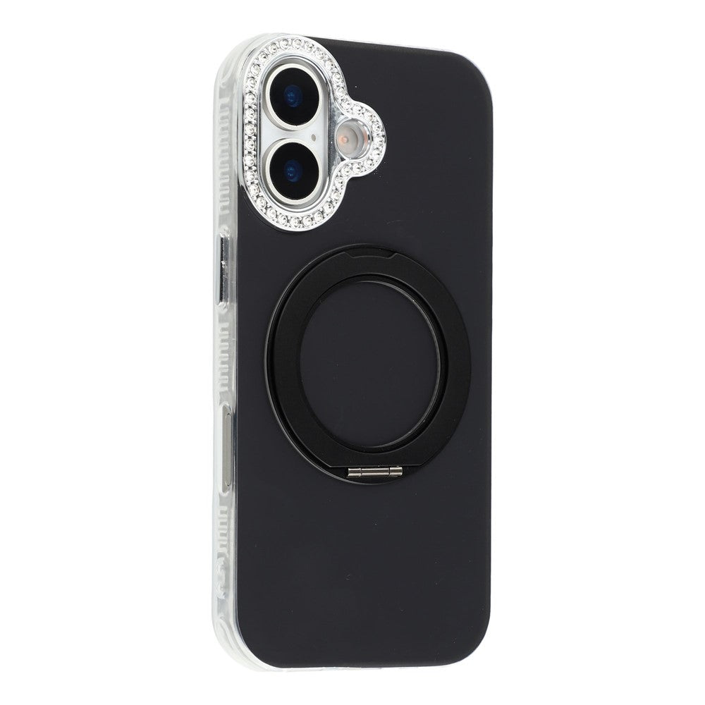 För iPhone 16 Skal Roterande Stöd PC + TPU IMD Skyddsfodral med Strass Kameraram
