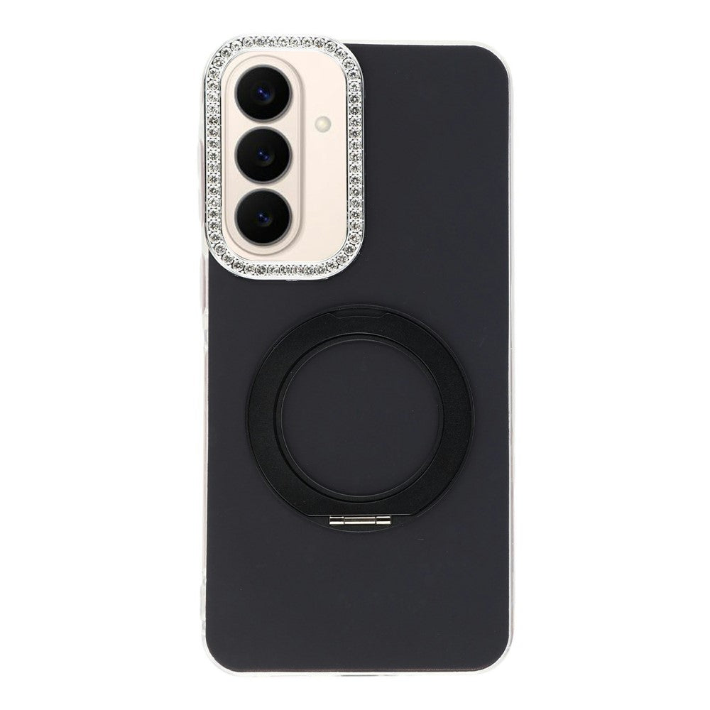 Til Samsung Galaxy S26 FE Cover Roterende Støtteben PC + TPU IMD Beskyttelsescover med Rhinsten Kamera Ramme