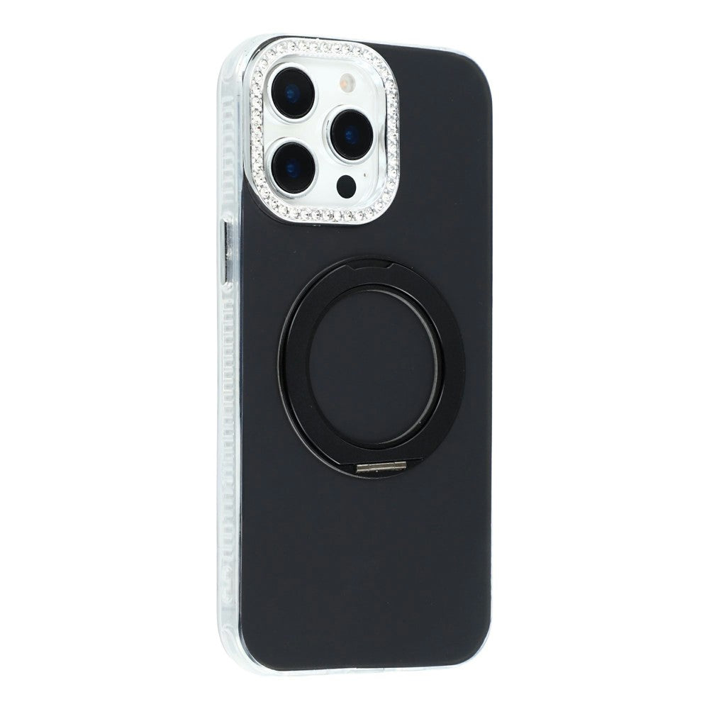 For iPhone 15 Pro Max Case Rotating Kickstand PC + TPU IMD Protective Cover with Rhinestones Camera Frame