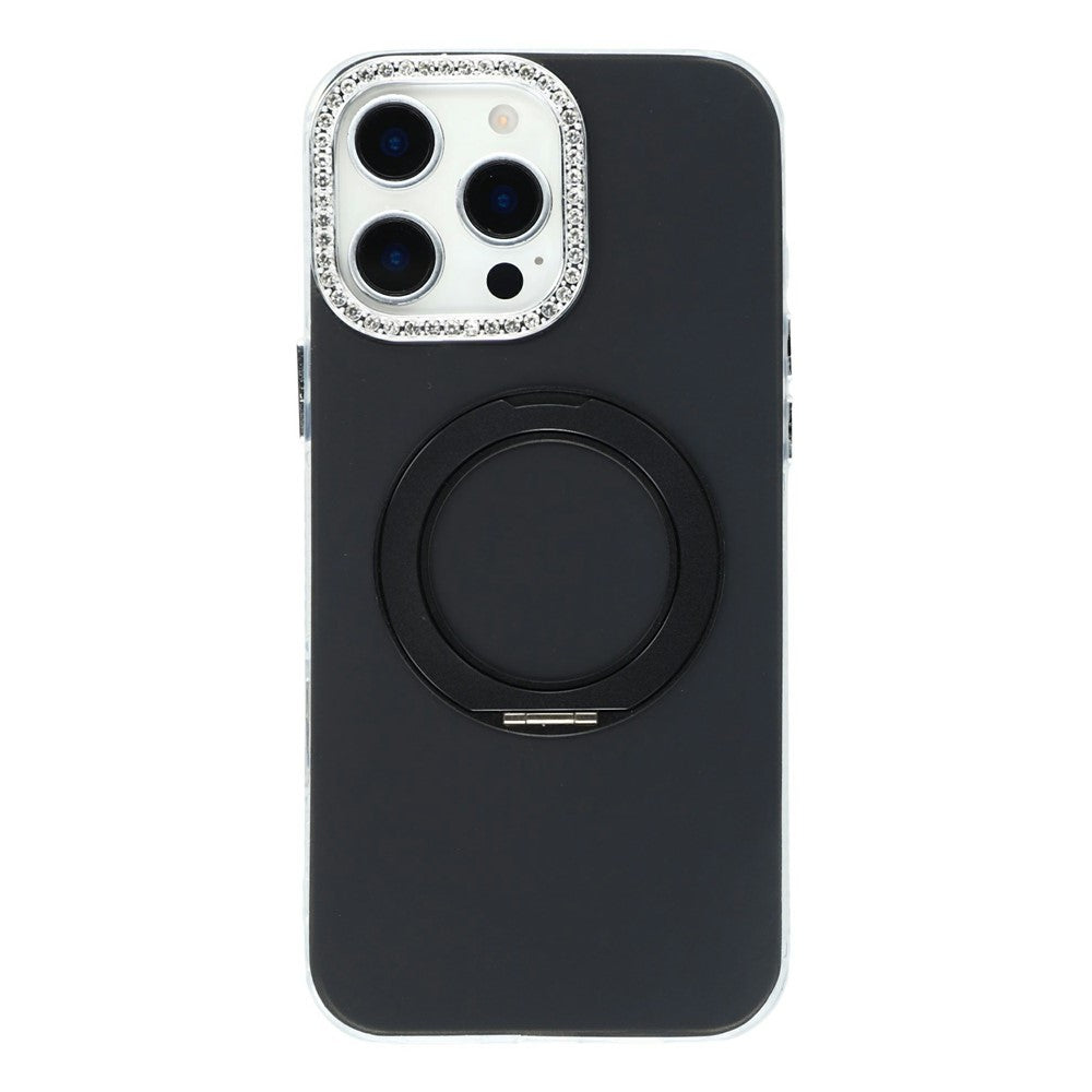 For iPhone 15 Pro Max Case Rotating Kickstand PC + TPU IMD Protective Cover with Rhinestones Camera Frame
