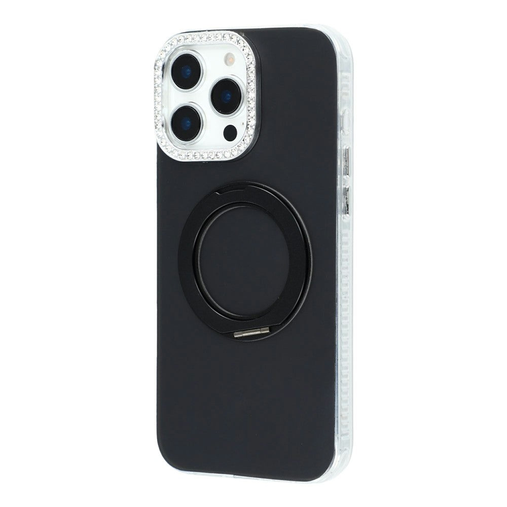 For iPhone 15 Pro Max Case Rotating Kickstand PC + TPU IMD Protective Cover with Rhinestones Camera Frame