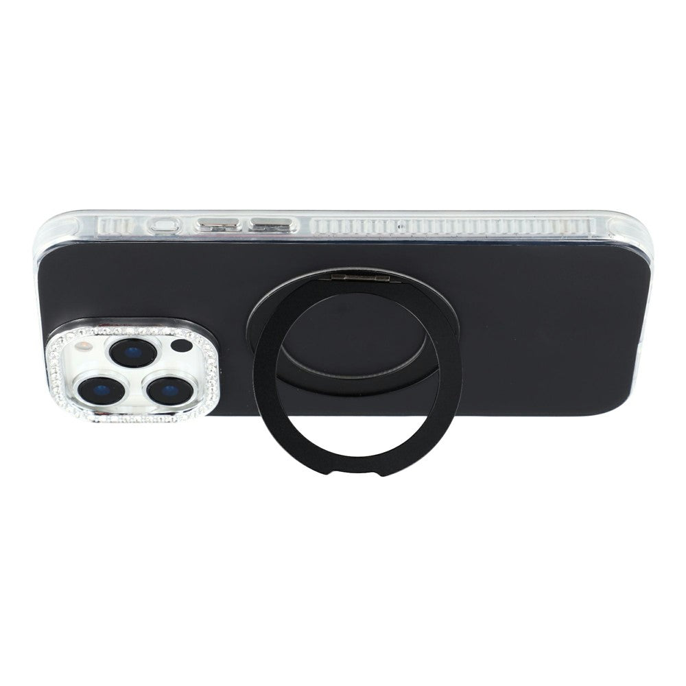 For iPhone 15 Pro Max Case Rotating Kickstand PC + TPU IMD Protective Cover with Rhinestones Camera Frame