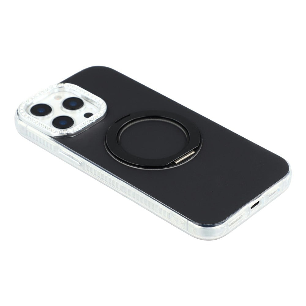 For iPhone 15 Pro Max Case Rotating Kickstand PC + TPU IMD Protective Cover with Rhinestones Camera Frame