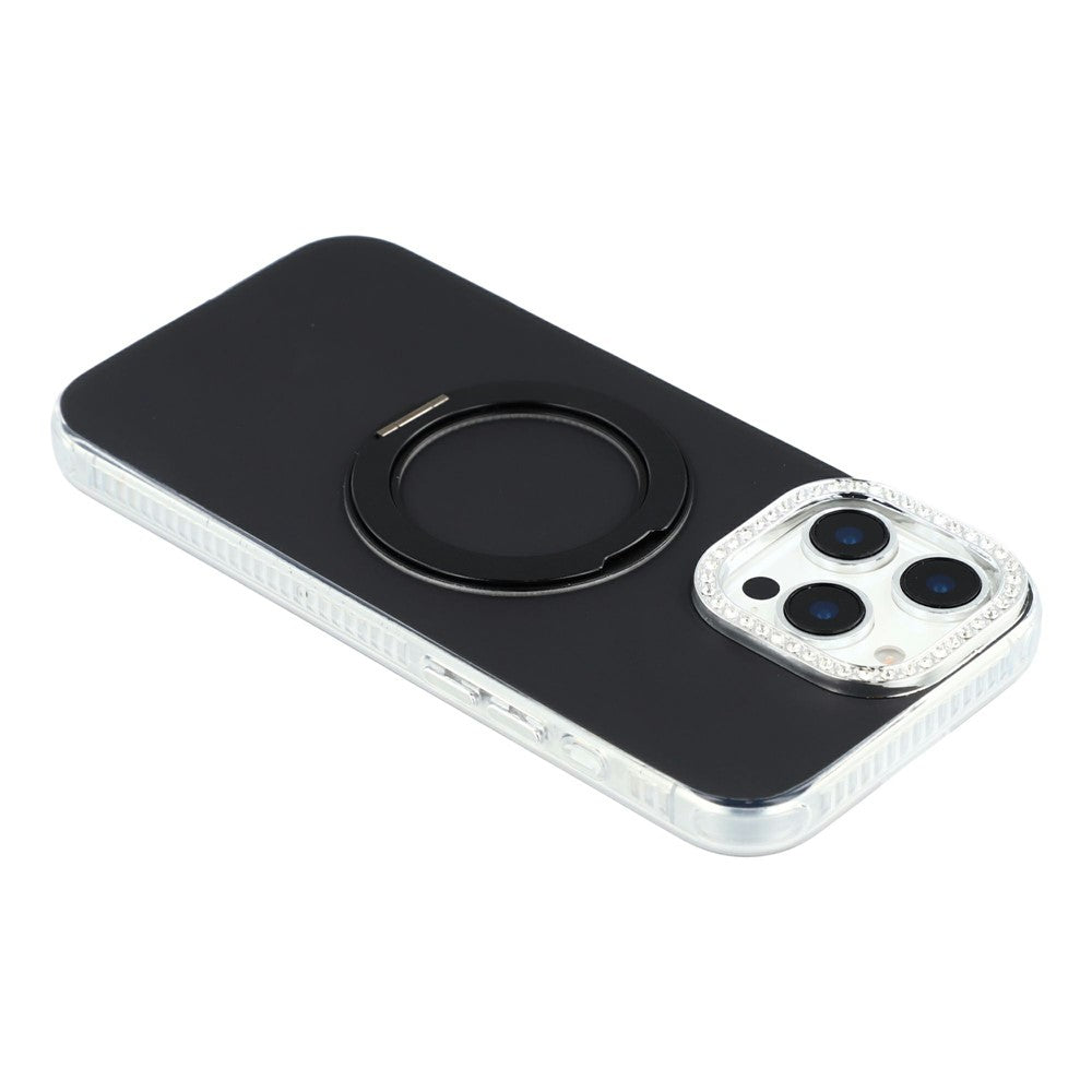 For iPhone 15 Pro Max Case Rotating Kickstand PC + TPU IMD Protective Cover with Rhinestones Camera Frame