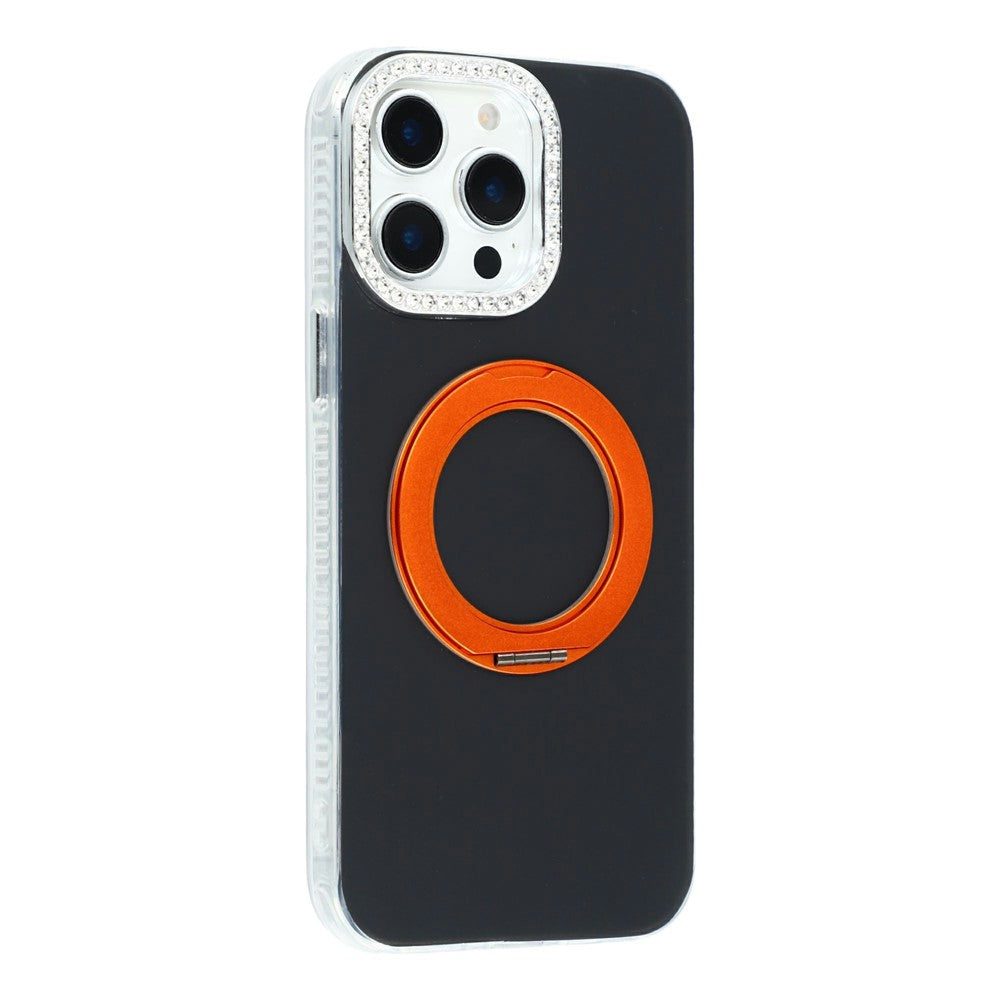 For iPhone 15 Pro Max Case Rotating Kickstand PC + TPU IMD Protective Cover with Rhinestones Camera Frame