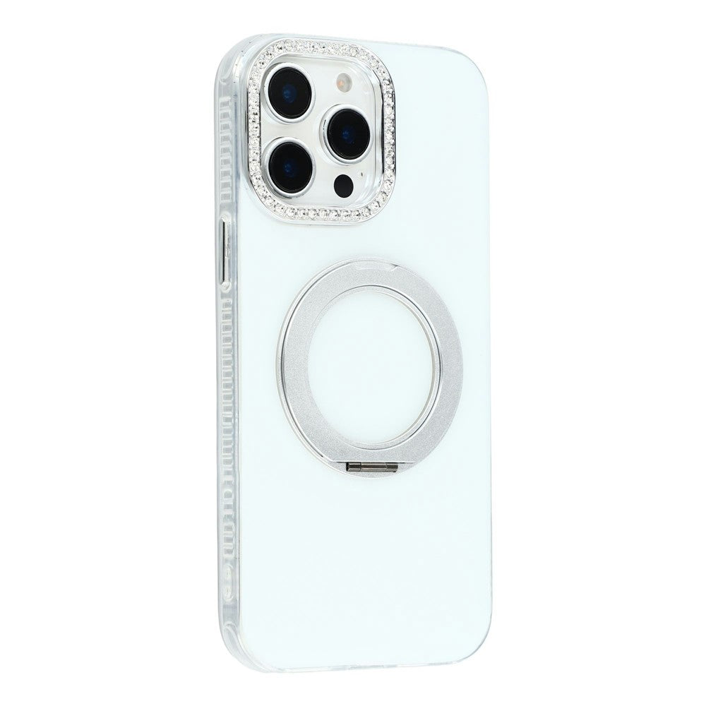 For iPhone 15 Pro Max Case Rotating Kickstand PC + TPU IMD Protective Cover with Rhinestones Camera Frame