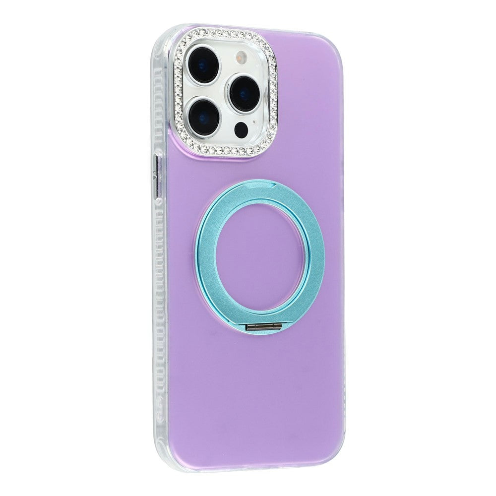 For iPhone 15 Pro Max Case Rotating Kickstand PC + TPU IMD Protective Cover with Rhinestones Camera Frame