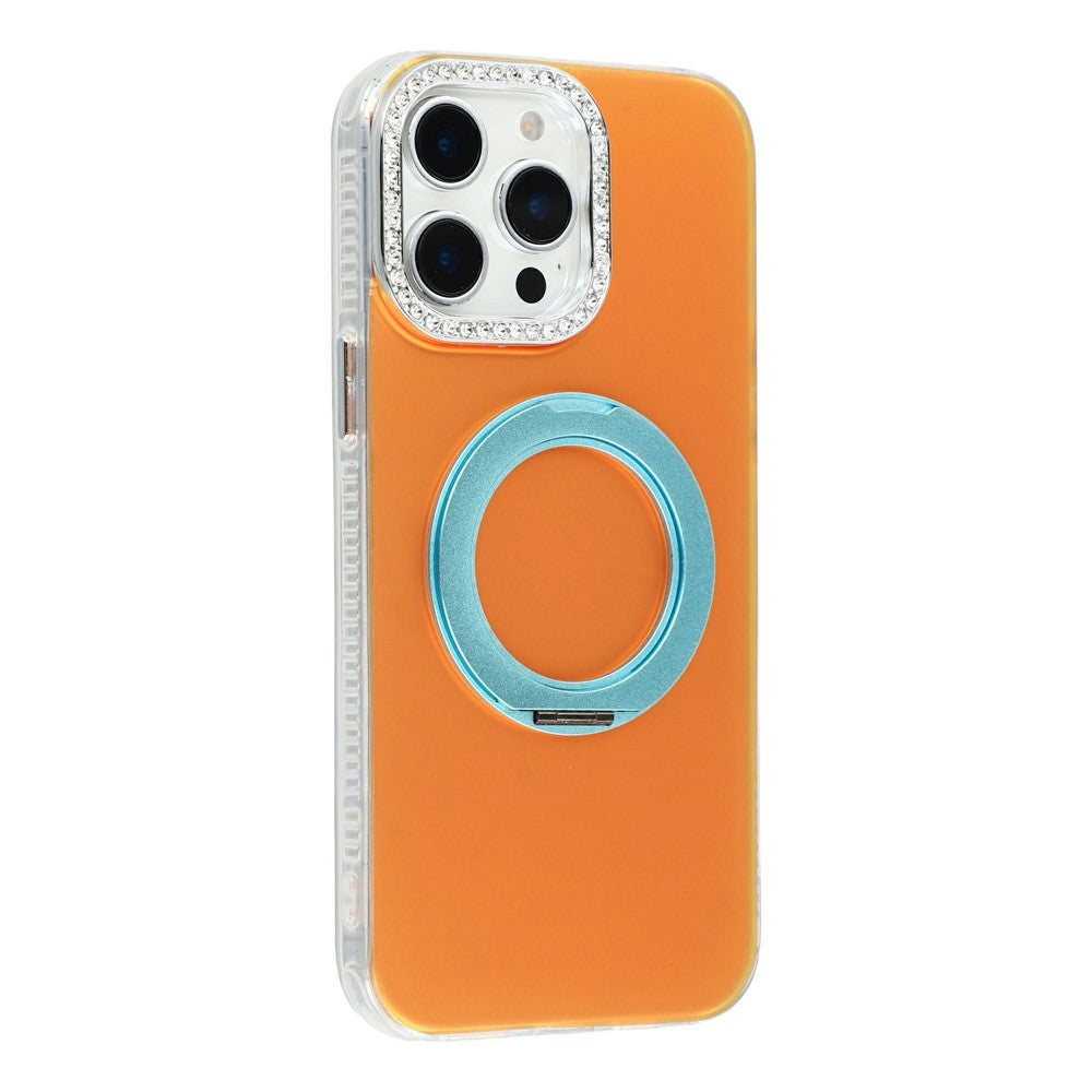 For iPhone 15 Pro Max Case Rotating Kickstand PC + TPU IMD Protective Cover with Rhinestones Camera Frame