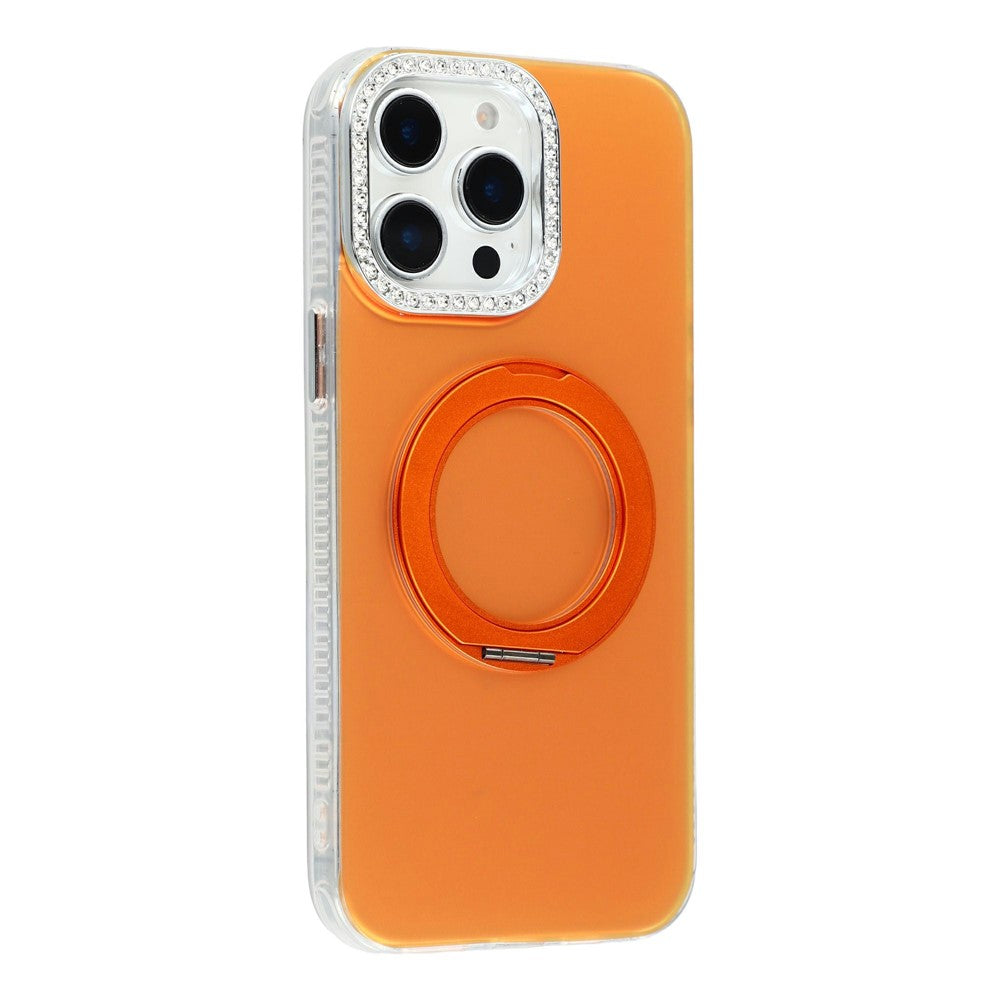 For iPhone 15 Pro Max Case Rotating Kickstand PC + TPU IMD Protective Cover with Rhinestones Camera Frame