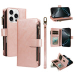 For iPhone 16 Pro Max Leather Case 9 Card Slots Zipper Pocket Phone Cover with Wrist Strap