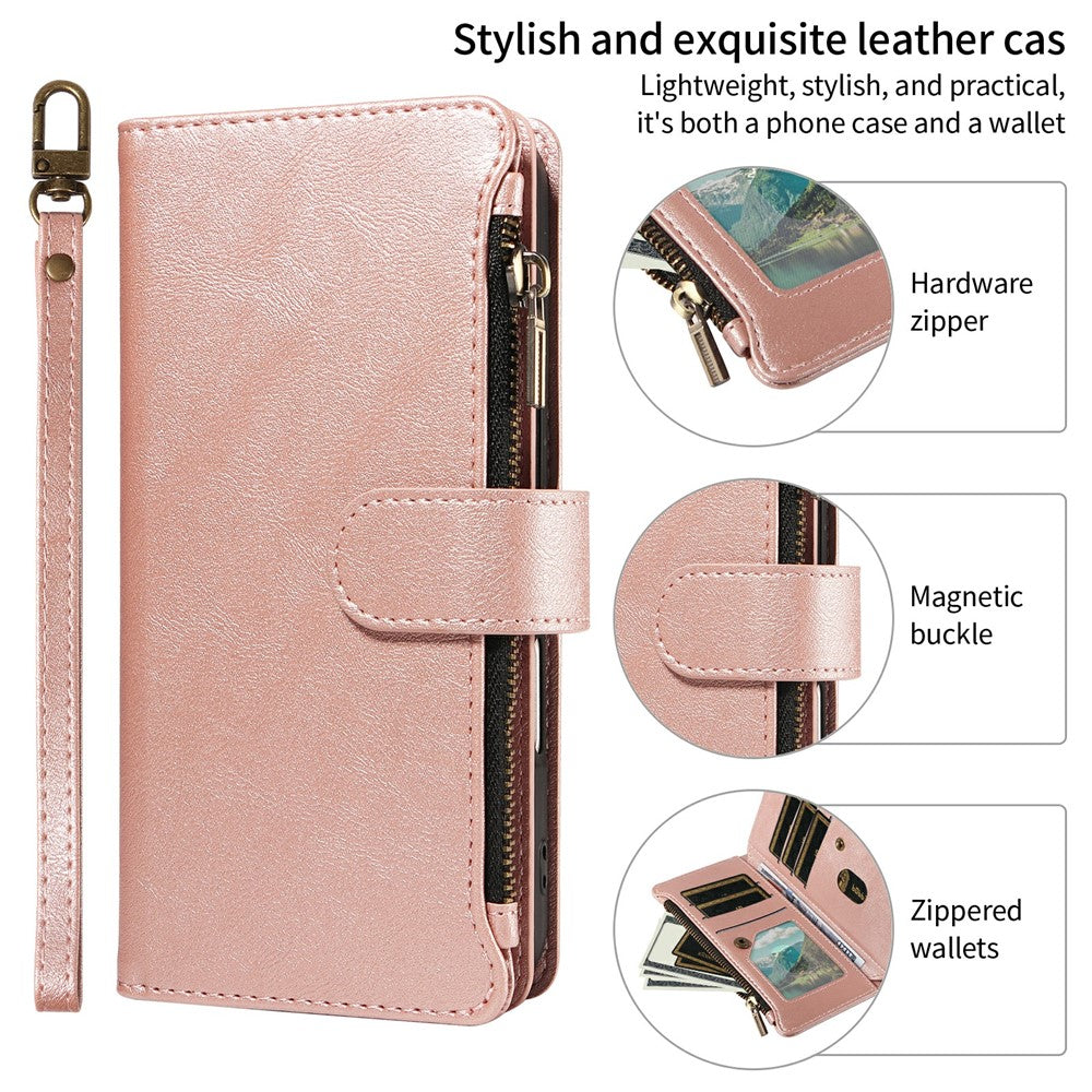 For iPhone 16 Pro Max Leather Case 9 Card Slots Zipper Pocket Phone Cover with Wrist Strap