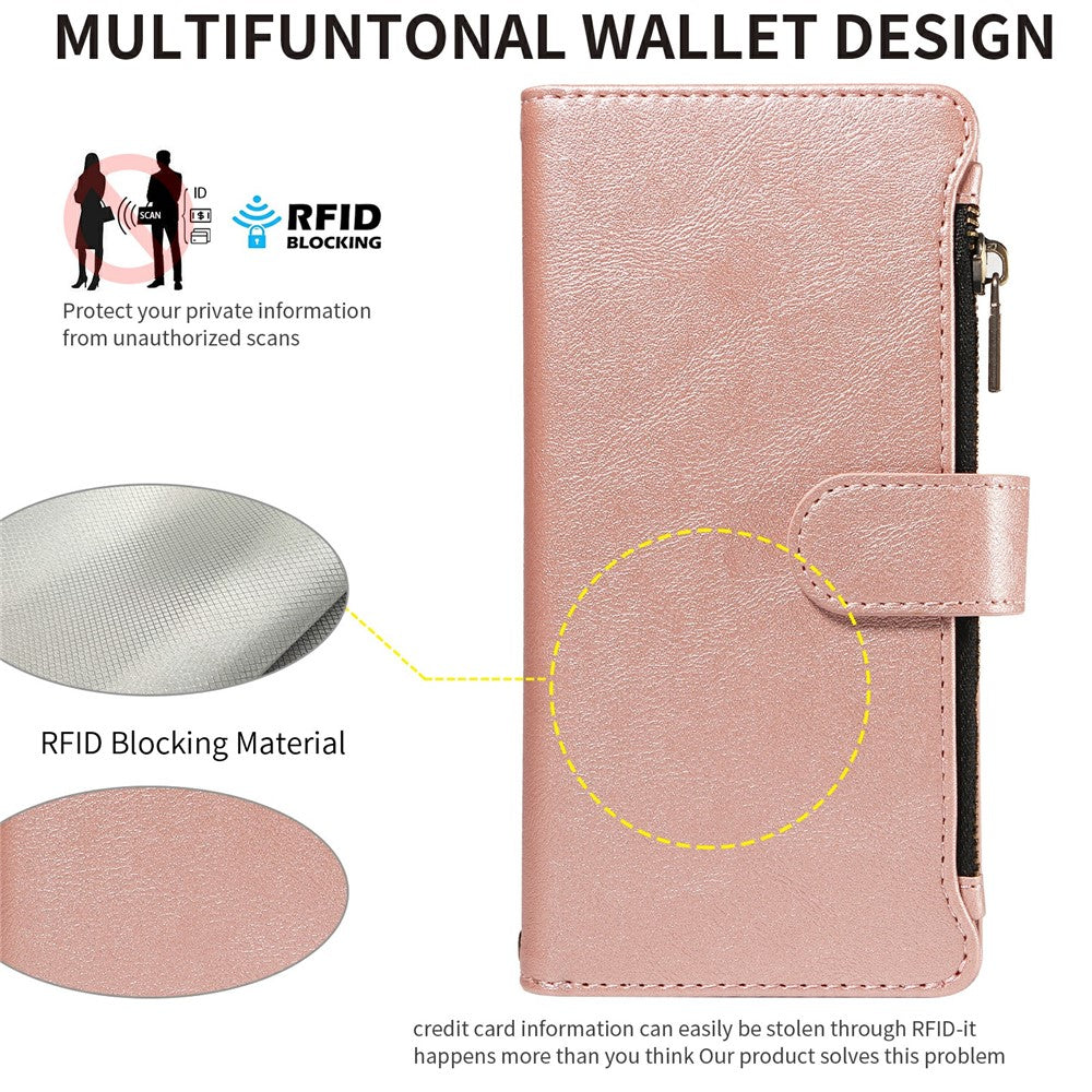 For iPhone 16 Pro Max Leather Case 9 Card Slots Zipper Pocket Phone Cover with Wrist Strap