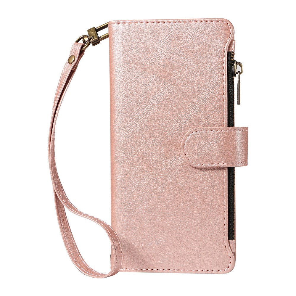 For iPhone 16 Pro Max Leather Case 9 Card Slots Zipper Pocket Phone Cover with Wrist Strap