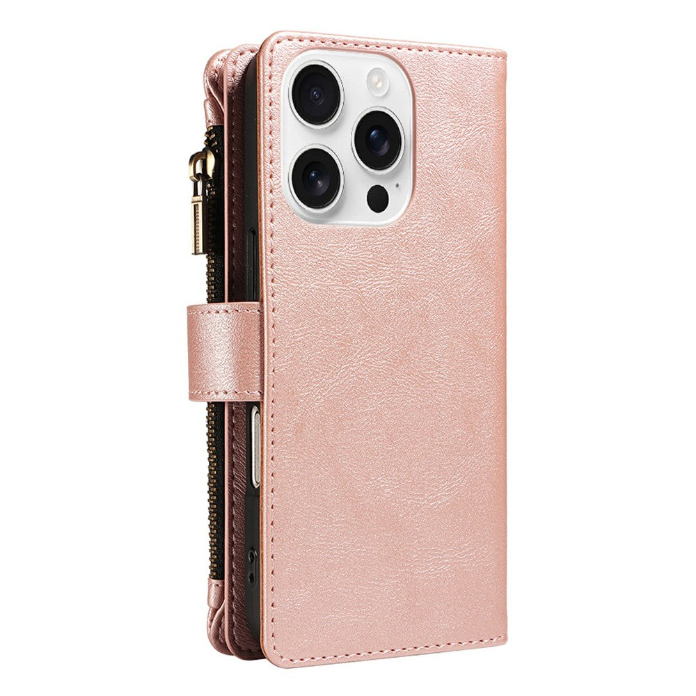 For iPhone 16 Pro Max Leather Case 9 Card Slots Zipper Pocket Phone Cover with Wrist Strap