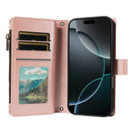 For iPhone 16 Pro Max Leather Case 9 Card Slots Zipper Pocket Phone Cover with Wrist Strap